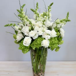Tall arrangement of white roses and snapdragons with green hydrangeas in a clear glass vase with pebbles