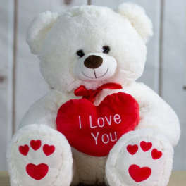 White teddy bear holding a red heart that says I Love You