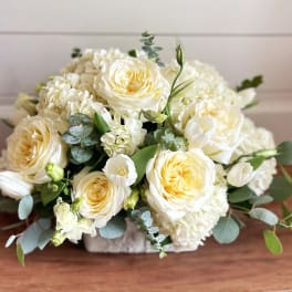 Cream rose bouquet with white hydrangeas and eucalyptus