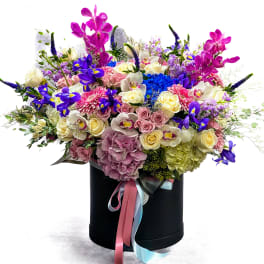 Large mixed bouquet in a black hatbox with pink and blue ribbons
