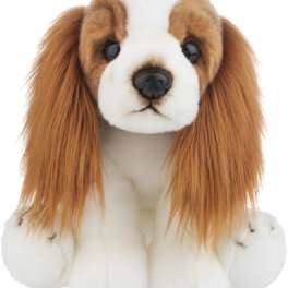 Plush dog toy with long brown ears and white fur