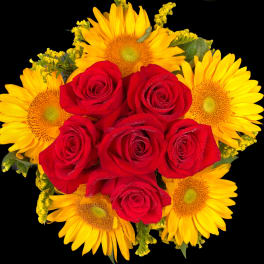 Bouquet of red roses and yellow sunflowers on a black background