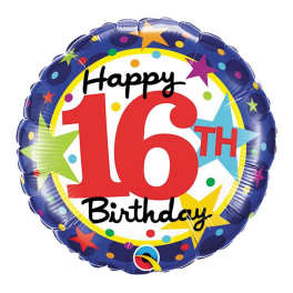 Round balloon reading "Happy 16th Birthday" with colorful stars