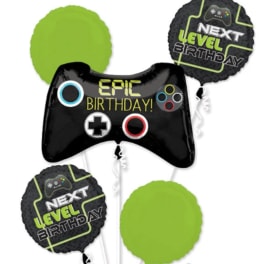 Video game-themed birthday balloon bouquet with a controller balloon and round balloons
