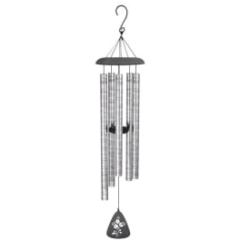 Hanging metal wind chime with silver tubes and a black top and clapper