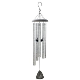 Silver wind chime with hanging metal tubes and a black clapper