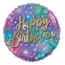 Round birthday balloon with colorful star pattern and "Happy Birthday" text