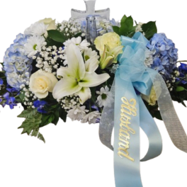 Blue and White Casket Cover with Crystal Cross