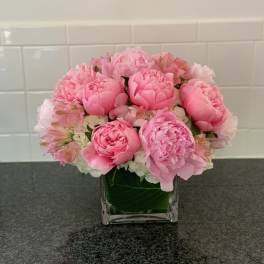Pink peonies and alstroemeria in a clear square vase