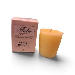 Pink boxed votive candle beside a yellow candle