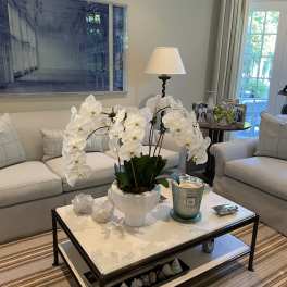 White orchid arrangement in a white pot on a coffee table
