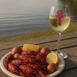 Plate of crawfish with corn and potatoes beside a wine glass by the water
