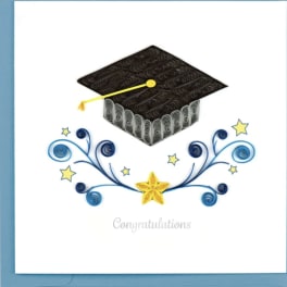 Graduation card with a mortarboard and decorative swirls