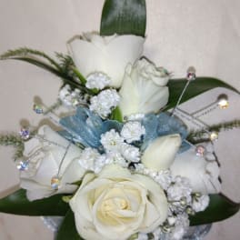 White rose bouquet with blue ribbon and crystal picks