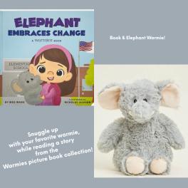 Book cover and plush elephant warmie shown side by side