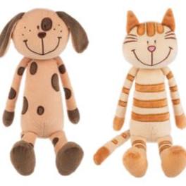 Two plush animal toys, a dog and a cat, sitting side by side