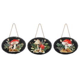 Three hanging oval plaques with mushroom and pine designs