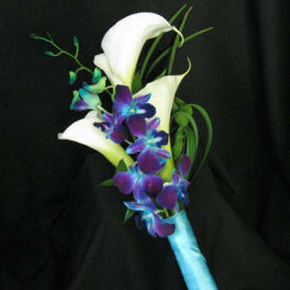White calla lilies with purple orchids on a blue-wrapped stem