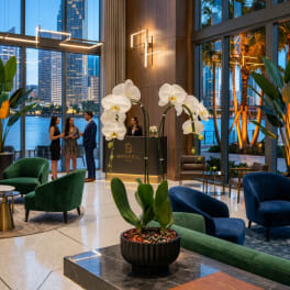 White orchids in a hotel lobby with a potted plant in the foreground