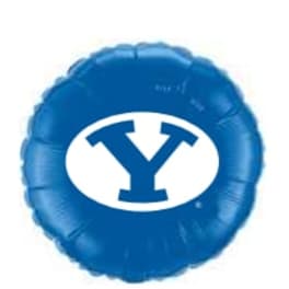 Blue round balloon with a white oval and a blue Y logo