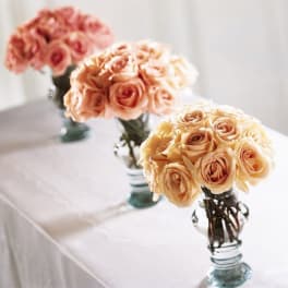 Three small rose bouquets in glass vases on a white table
