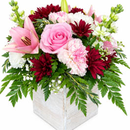 Pink roses and lilies in a white wooden box with burgundy and white blooms