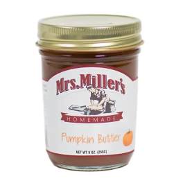 Jar of Mrs. Miller's homemade pumpkin butter with a gold lid