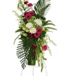 Tall floral standing spray with pink and white gerbera daisies