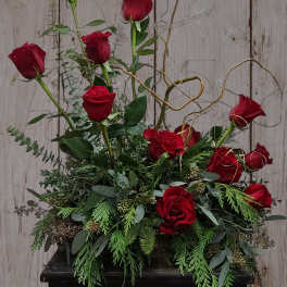 Red roses arranged in a low black container with curly branches