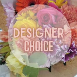 Colorful mixed flower bouquet with a "Designer Choice" overlay
