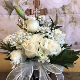 White rose bouquet with baby's breath and a wooden cross topper