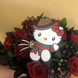 Red rose bouquet with a Hello Kitty topper