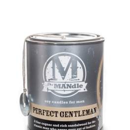 A black tin candle labeled "Perfect Gentleman" with a hanging tag