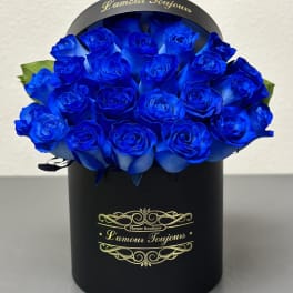 Round hatbox of vivid blue roses in a black cylinder container with gold script.