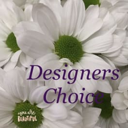 White daisies with green centers and purple text overlay