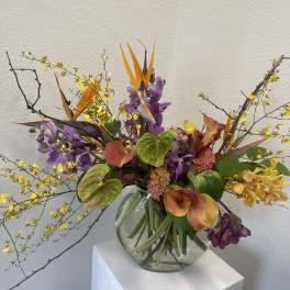 Mixed tropical bouquet in a clear glass vase with orange bird-of-paradise and purple orchids