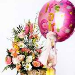 Basket of mixed flowers with a pink "It's a Girl" balloon and teddy bear