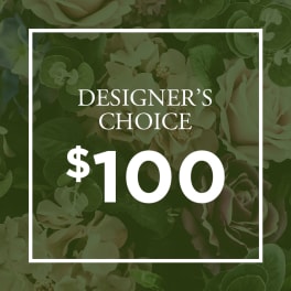 Designer’s choice floral gift card with $100 text over a flower background