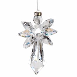 Faceted clear crystal angel ornament hanging from a thin silver cord