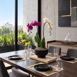 Two orchid plants in a dining room centerpiece on a table
