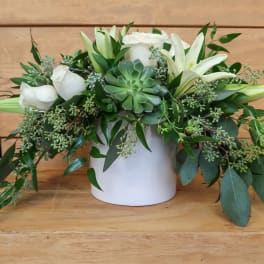 White roses and lilies arranged with a succulent in a white vase