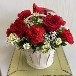 Basket of red roses and carnations with white daisy flowers