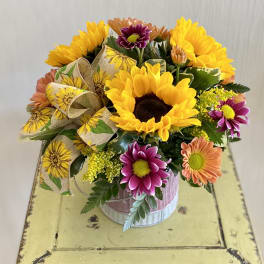 Sunflower and daisy arrangement in a metal container with a sunflower ribbon