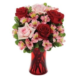 Bouquet of red and pink roses with pink alstroemeria in a red vase