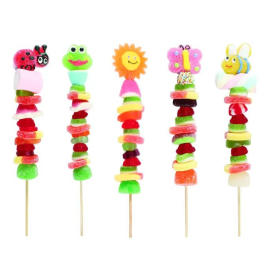 Five colorful candy skewers topped with cartoon animal and flower shapes