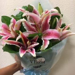 Wrapped bouquet of large pink and white lilies with foliage, tied with a blue ribbon