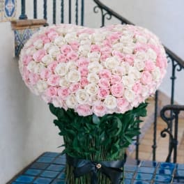 Large bouquet of pink and white roses tied with a black ribbon