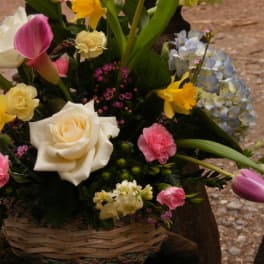 Basket arrangement with roses, tulips, daffodils, and hydrangea