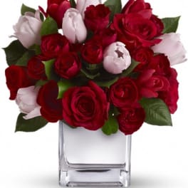 Red and pale pink roses in a clear glass vase