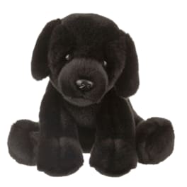 Black plush dog toy sitting on a white background